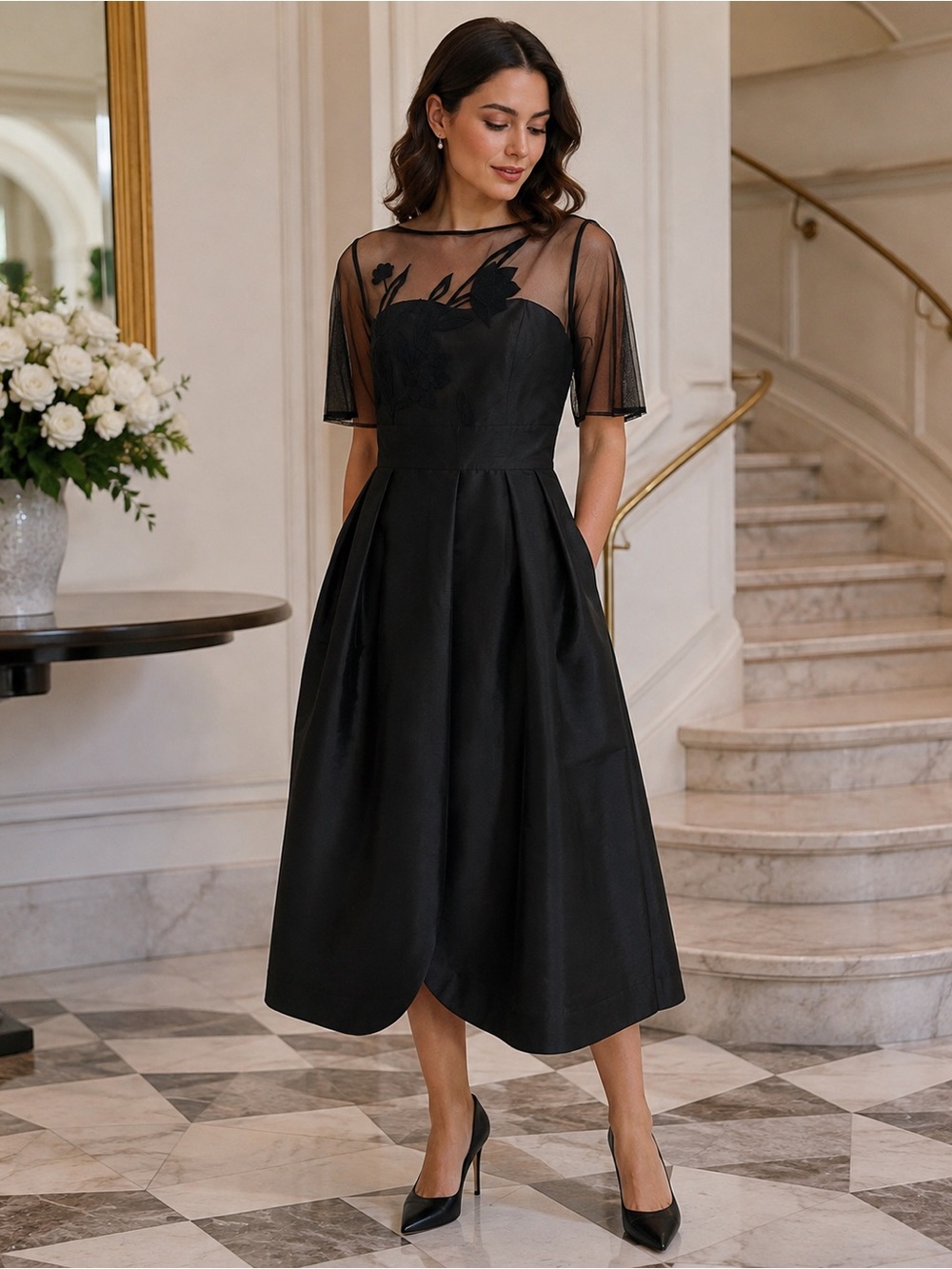 Taffeta Dress L 12‎ Leafy Vine Embroidered Tulle Overlay Dupioni Black Midi